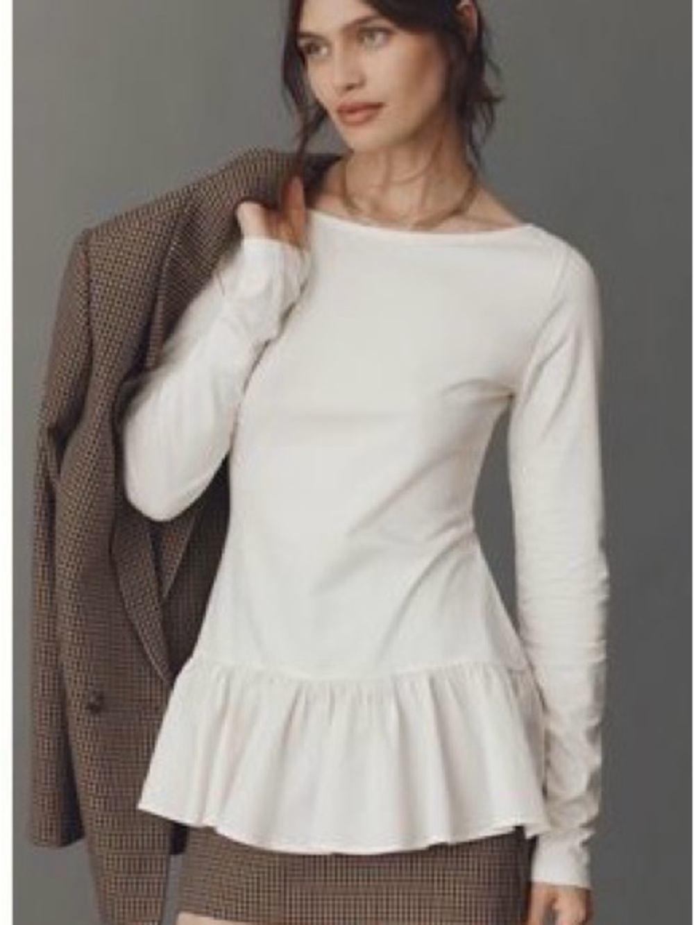 Maeve Cream Long-Sleeve Peplum Top Dress